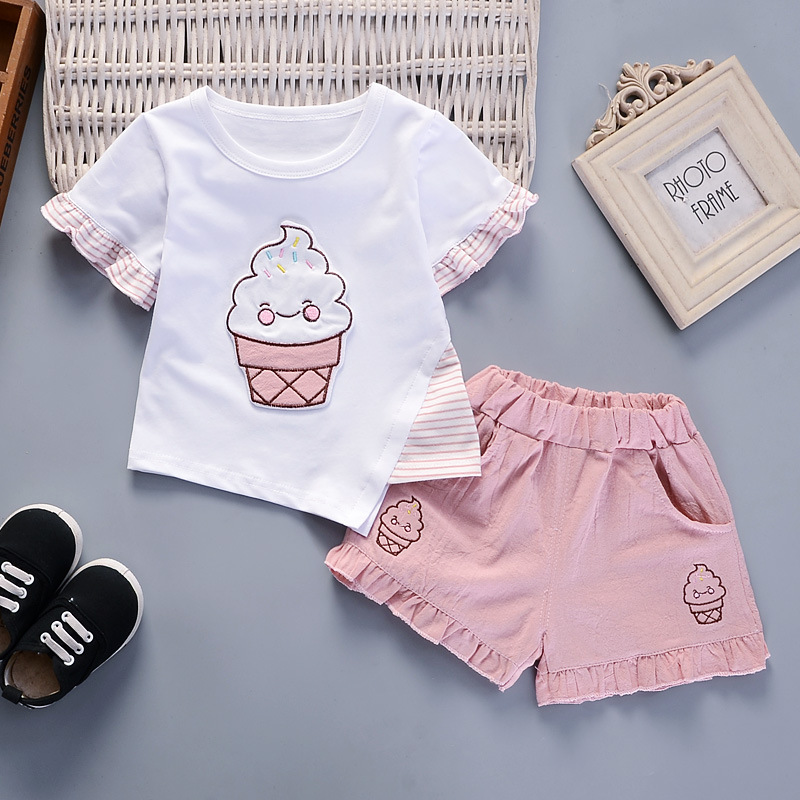 Baby Products Lotion - เสื้อผ้าเด็กผู้หญิง1-4T เสื้อยืดพิมพ์ลายไอศครีมการ์ตูนฤดูร้อนแขนสั้น2ชิ้นชุดวอร์มเด็ก A486