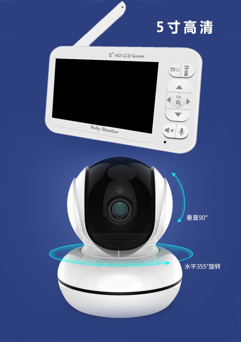 Wireless Baby Monitor - จอภาพ 5 นิ้ว พร้อมระบบตรวจสอบอุณหภูมิ อินเตอร์คอม กล้องดูเด็กไร้สาย